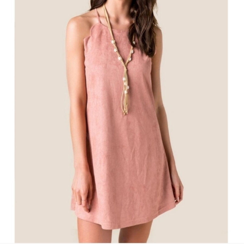 FRANCESCAS SCALLOPED FAUX SUEDE MUTED ROSE PINK DRESS ROMANTIC FEMININE DAINTY